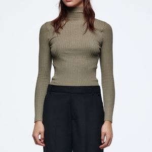 Zara khaki viscose blend ribbed stretchy fitted knit sweater NWT